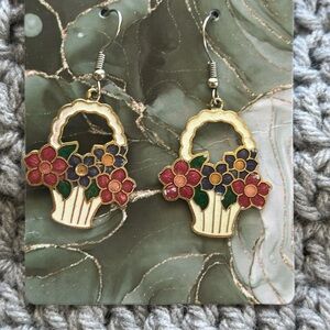 Cloisonné Dangle pierced earrings Basket full of Flowers
